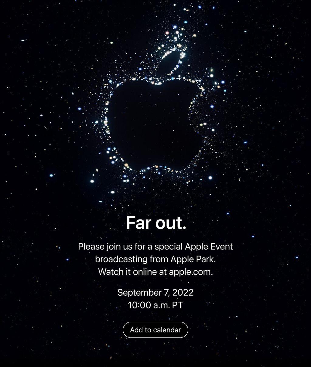 蘋果iPhone 14邀函以太空為主題,疑似暗示有衛星通訊功能。(圖/蘋果)