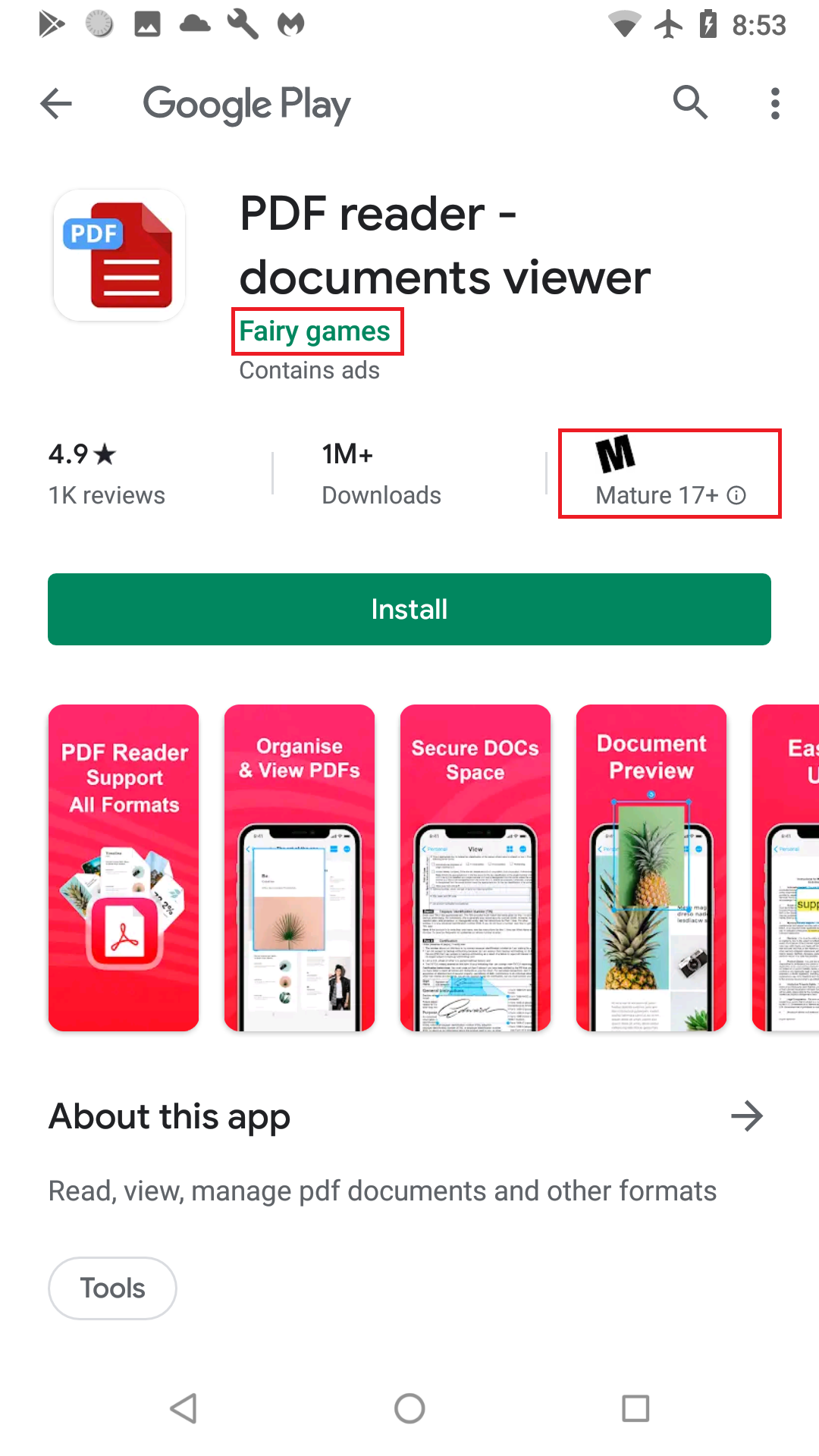 以提供查看PDF檔案文件為名義的App,實際上卻暗藏有惡意廣告,下載App後,就會不時狂跳廣告干擾用戶手機體驗。(圖翻攝Malwarebytes)