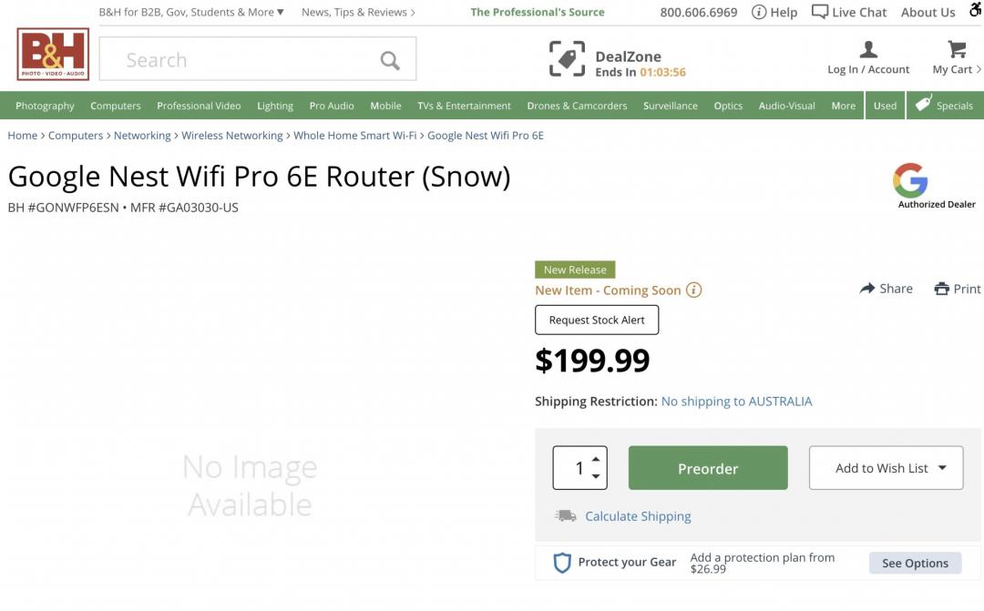 國外B&H網站的產品列表上,出現了一款Google Nest WiFi Pro 6E路由器。(圖/B&H)