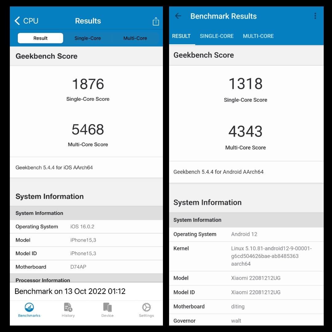 蘋果iPhone 14 Pro Max(左)/小米12T Pro(右)。