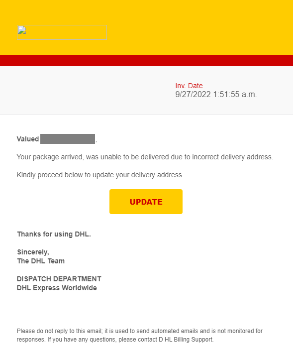 郵件主旨聲稱為「無法遞送的 DHL(包裹/貨物)」,實際上卻是網釣惡意郵件。(圖翻攝Check Point)