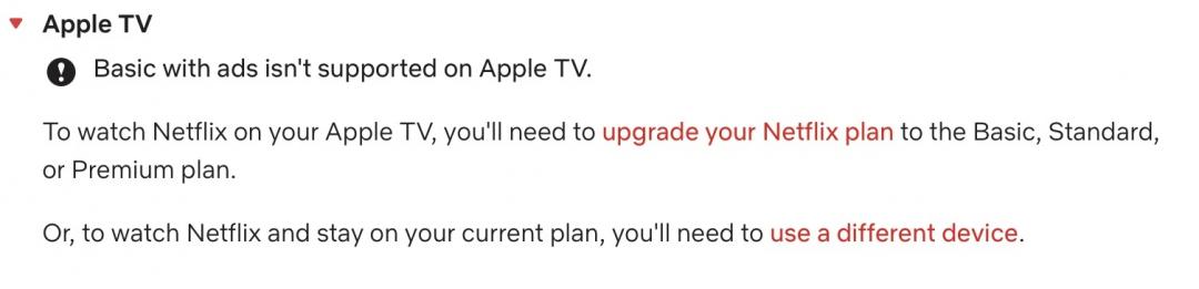 Netflix官網明列Apple TV內程式不支援廣告方案。(圖/翻攝官網)