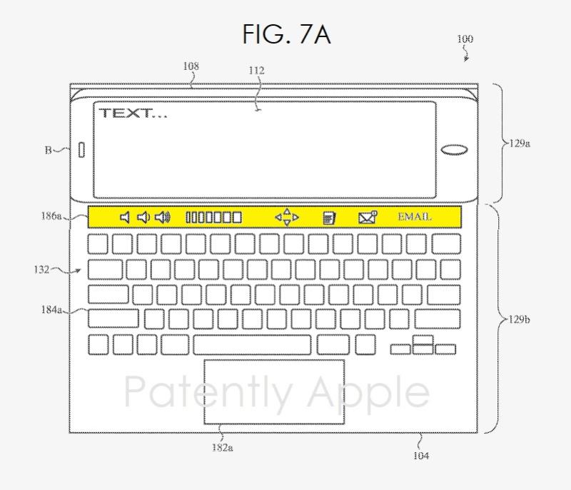示意圖顯示鍵盤將配置有類似先前曾於MacBook Pro筆電出現的Touch Bar，作為虛擬按鍵顯示的區域動態。（圖翻攝Patently Apple）