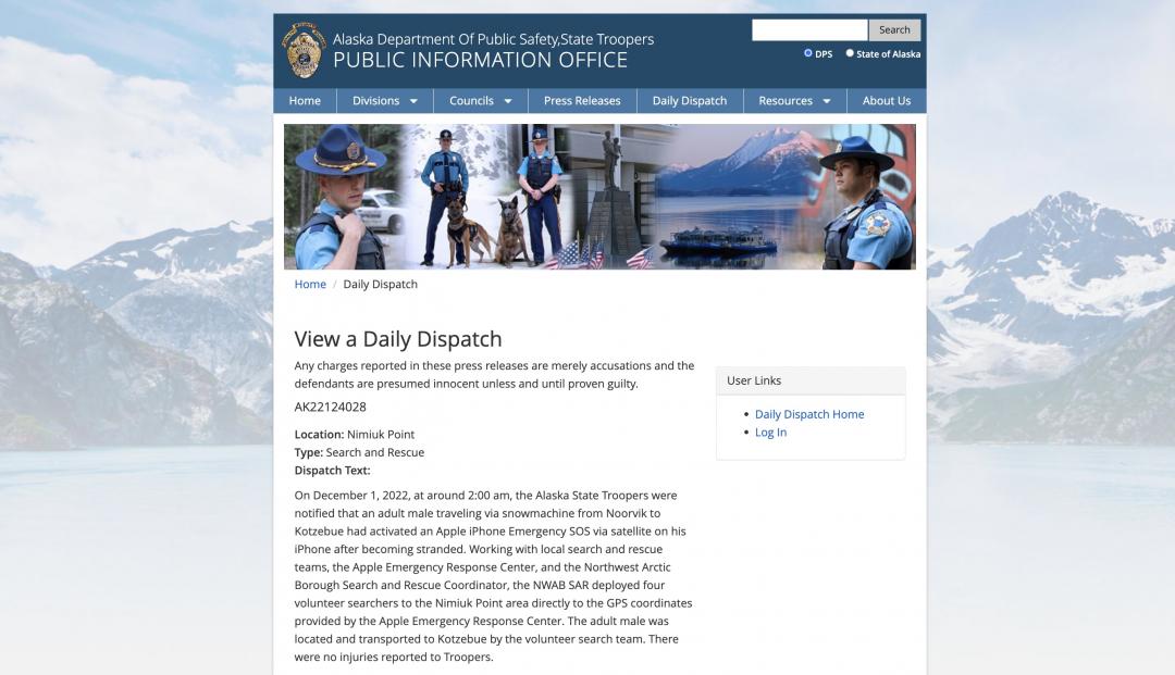 阿拉斯加州警網站記載該救援紀錄。(圖/翻攝網路)