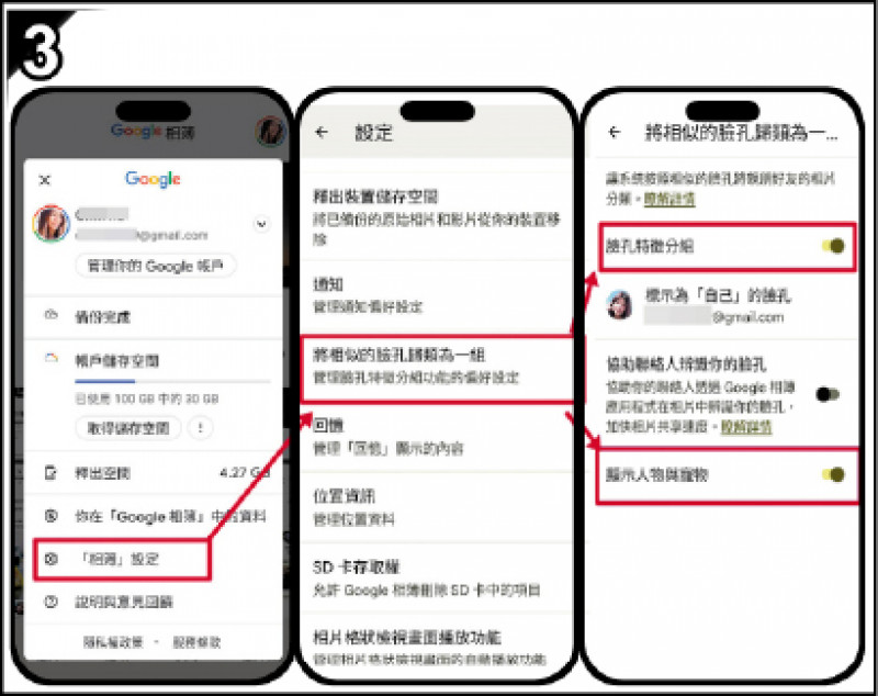 選點選Google 相簿App右上方的「帳號大頭貼」→「相簿設定」→「將相似的臉孔歸類為一組」→開啟「臉孔特徵分組」、「顯示人物與寵物」。(翻攝Google、Google Play)