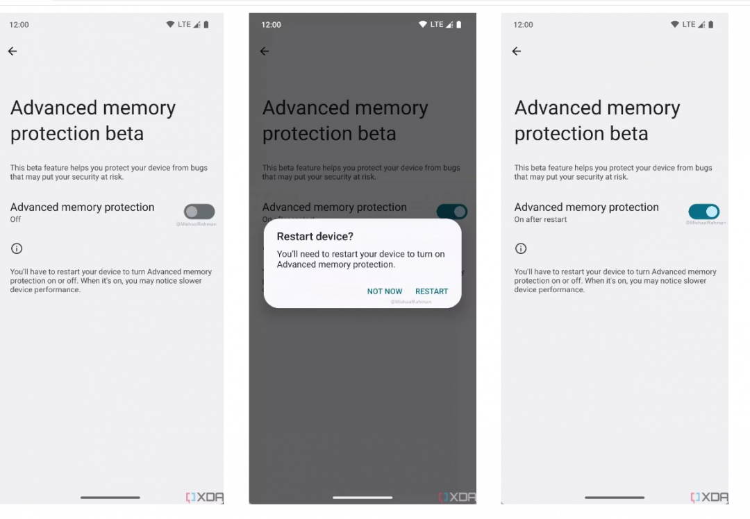 Android 14 首個預覽測試版本，設定選單的「安全性與隱私」，新增「進階記憶體安全防護」的新功能。（圖翻攝Xda-developers）