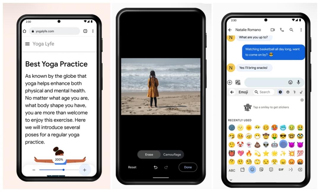 圖左為Chrome瀏覽器新版支援雙指縮放比例提升至300％。圖中為照片去除雜物的「魔術橡皮擦」已於日前發布。圖右為Gboard 鍵盤App內建「Emoji Kitchen」混搭2種表情符號功能，新版可讓用戶任意混搭更多具「個人化」風格的混搭圖案。（圖翻攝Android官網）