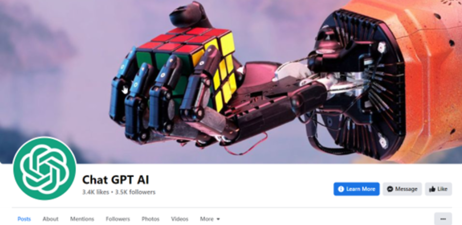 假冒版的 OpenAI 和 ChatGPT 臉書粉絲頁。（圖翻攝Cyble）