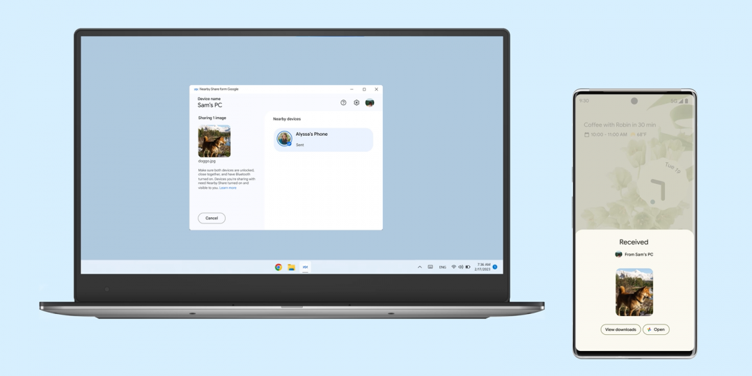 Windows PC筆電的檔案文件，透過 Nearby Share Beta ，也能快速地傳送到Android裝置上。（圖翻攝Google 官方部落格）