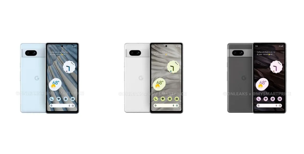 爆料傳出的 Pixel 7a 外觀，左邊疑似為天空藍新色。（圖／翻攝 Mysmartprice）