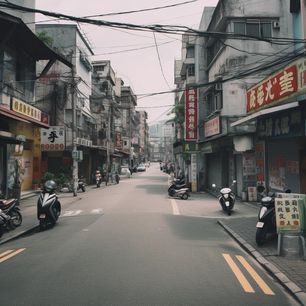 「AI眼中的台灣街景」圖片中的街景招牌,是奇怪的文字。(圖/翻攝網路)