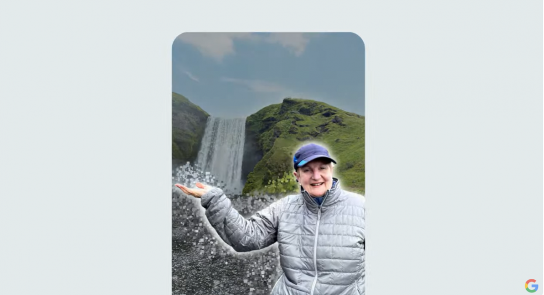 照片後方的瀑布水流，透過生成AI技術的魔術編輯器工具，僅需一鍵按住人物並拖曳移動位置，即可讓瀑布水流經至手擺放的位置，營造更具趣味性的照片修圖效果。（圖翻攝Google 開發者大會直播影片）