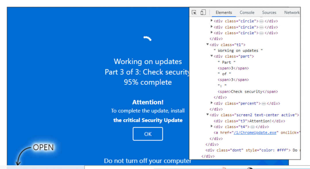 假冒微軟Windows Update 更新內容的彈出式視窗，暗藏竊取個資惡意間諜軟體。（圖翻攝Malwarebytes 部落格）