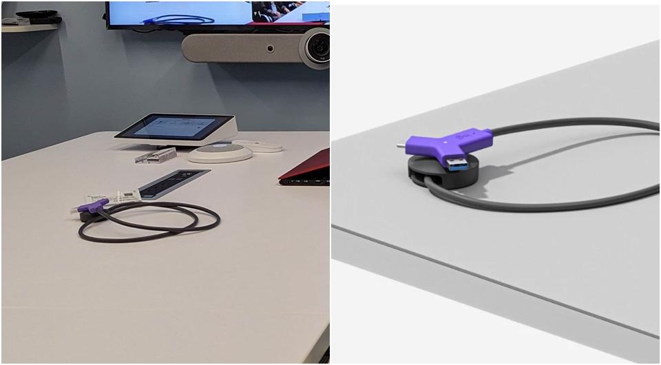 可即插即用的Swytch 音視訊切換器，附有磁吸底座，可固定放置於桌面上。（圖左為記者劉惠琴攝；圖右翻攝羅技官網）