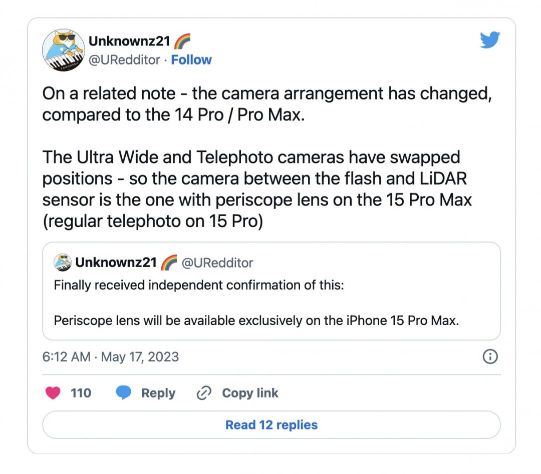 推特爆料，蘋果重新設計iPhone 15 Pro Max鏡頭。（圖／翻攝推特）