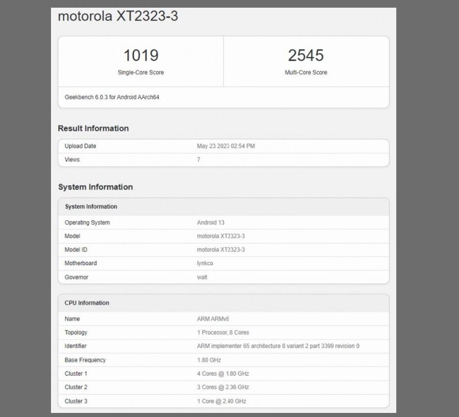 型號為「Motorola XT2323-3」,近日於知名跑分平台GeekBench數據庫現身。外媒推估該機款很可能為「MOTO Razr 40」中階平價摺疊新機。(圖翻攝GSMArena
