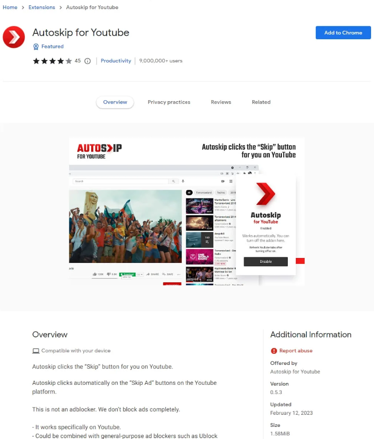 Chrome應用商店,累計總安裝量破9百萬次的Autoskip for Youtube 擴充外掛,遭植入惡意程式,已被Google官方下架。(圖翻攝Avast)