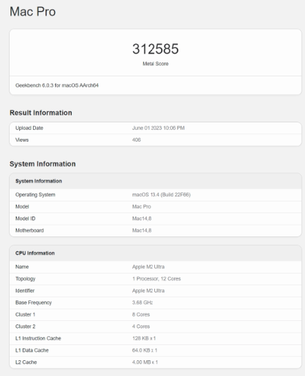 傳蘋果為自家電腦研發的全新旗艦級 M2 Ultra 晶片，性能跑分測試成績已於 GeekBench 跑分平台資料庫現身，使用測試機型為 Mac Pro。（圖翻攝Gizmoweek）