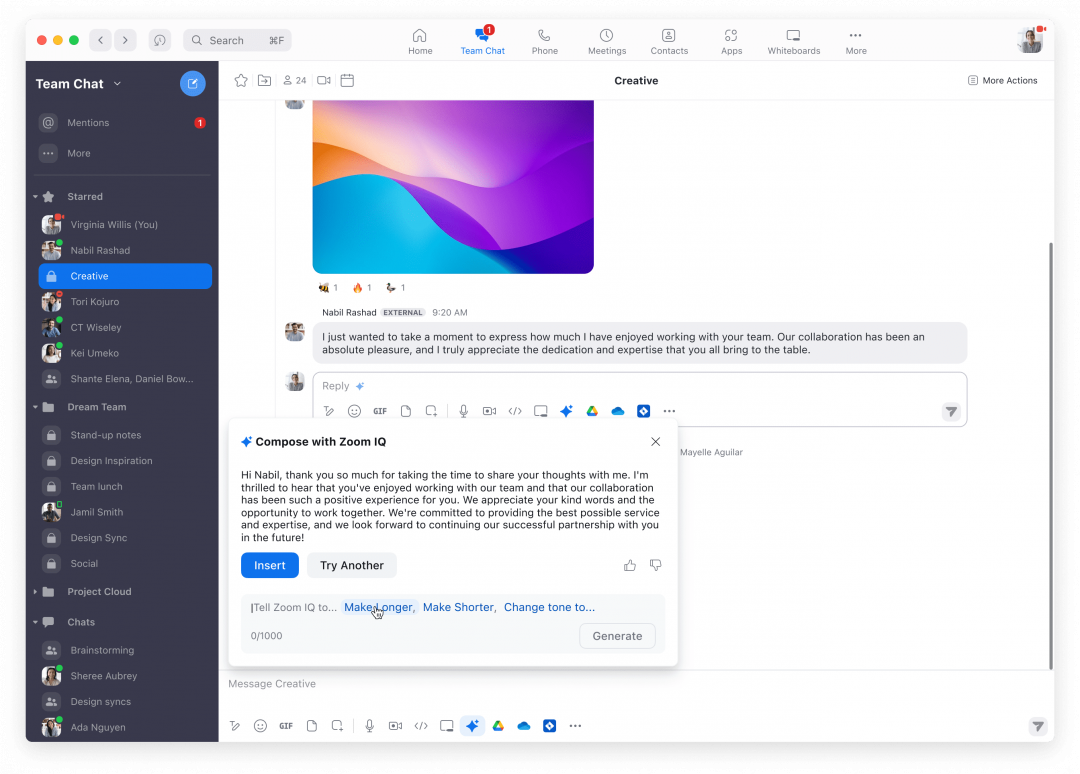 Team Chat compost 利用生成式 AI 根據對話內容,自動草擬自訂建議回覆。(圖Zoom提供)