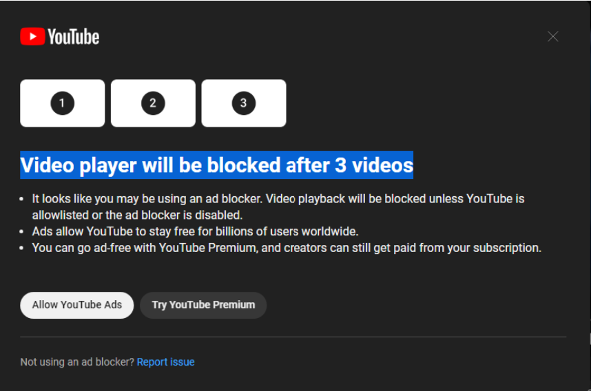 國外網友截圖分享YouTube 針對偵測發現用戶使用「廣告攔截器」觀看YT影片時,會跳出警告視窗。(圖翻攝Bleepingcomputer)