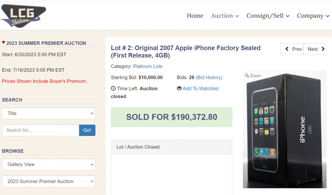 初代4GB未開封iPhone拍賣價格再創新高紀錄。(圖／翻攝LCG)