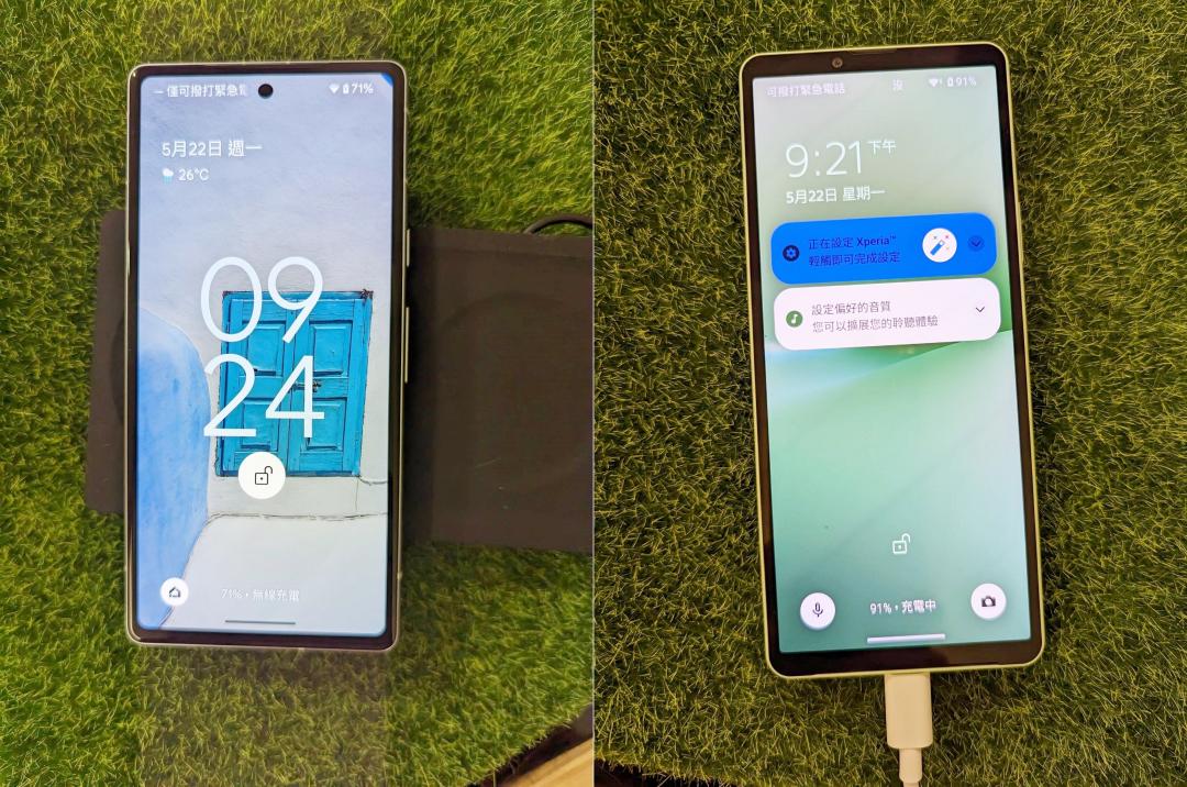 Pixel 7a(左)為Google中階系列歷代機款中 ,首次具備「無線充電」的旗艦級功能。Xperia 10 V(右)支援18W快充。