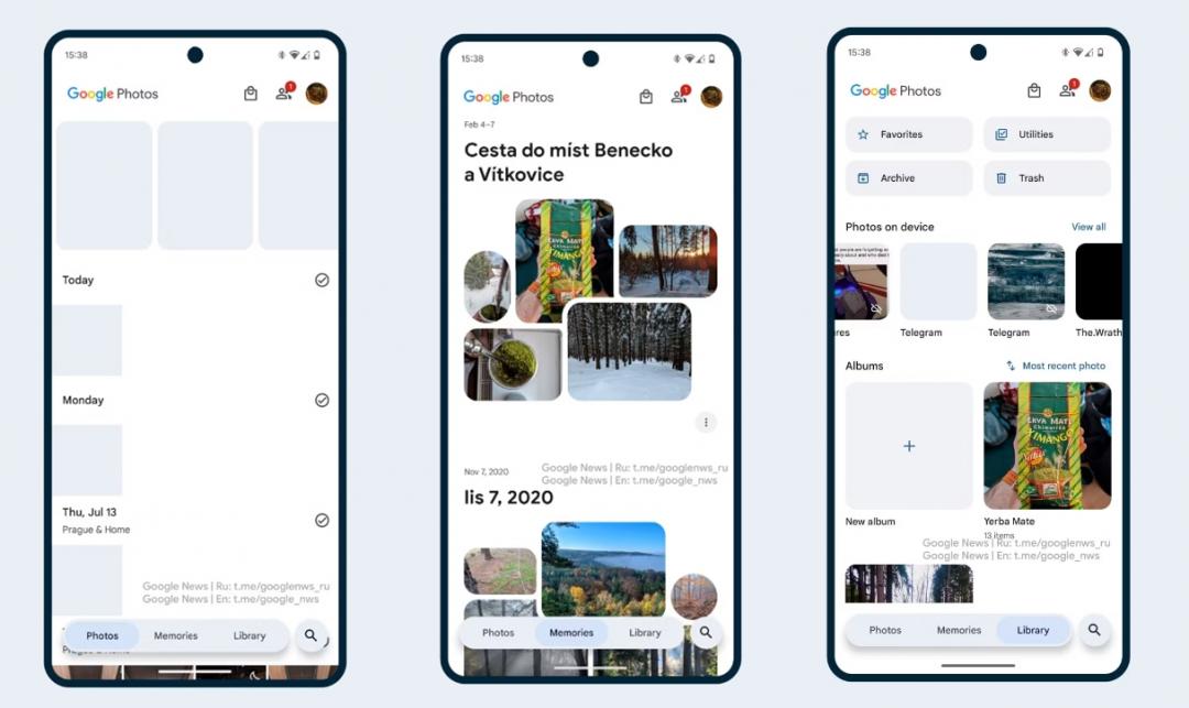 Google 相簿App，採重新設計的改版介面，底端導航列精簡為「相片、回憶、相片庫」三個選項。「搜尋」改移至底端最右側。「共享」改移至左上角。（圖翻攝Android Police）