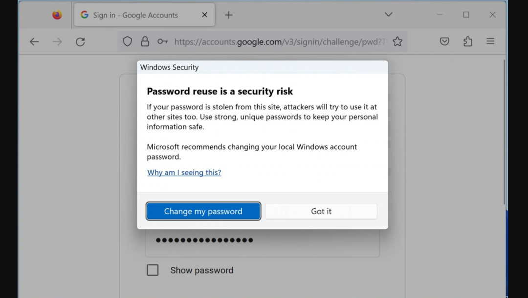 使用Edge或Chrome瀏覽器在任何網站登錄帳密時,若該網站被Microsoft Defender SmartScreen視為惡意網站,微軟會發出提示更改密碼的警告提醒。(圖/翻攝Bleepingcomputer)