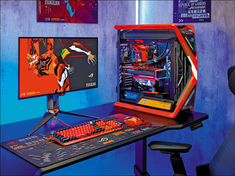 以超人氣動漫IP《新世紀福音戰士》中的「貳號機」、「明日香」做為設計靈感，ROG推出採用經典紅、橘配色的限定版電競鍵盤與無線滑鼠。預計九月底前上市，售價未定。（華碩）