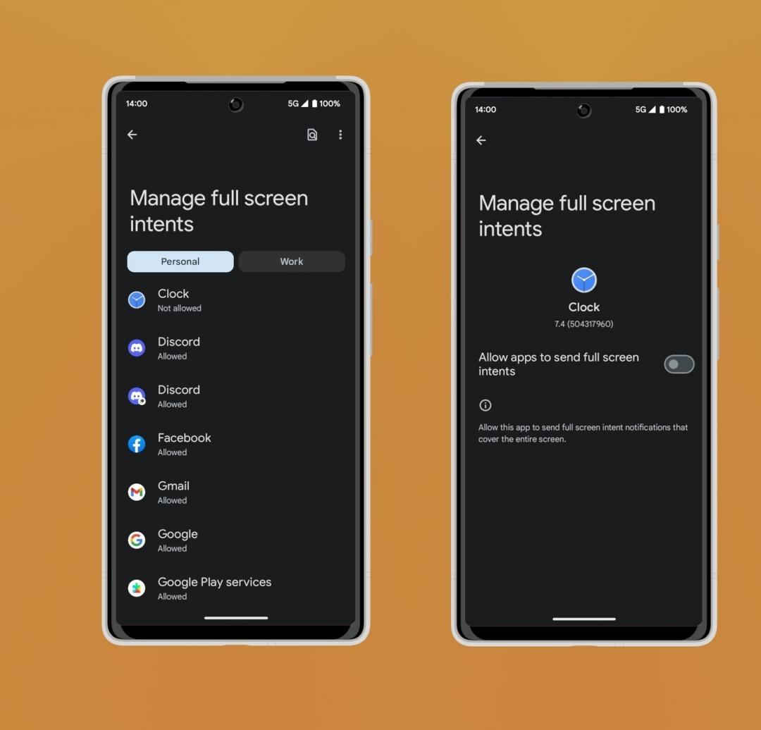Android 14 新版系統加入一項可管控應用程式全螢幕發送的權限,讓安卓用戶可手動關閉。(圖翻攝Mishaal Rahman 個人推特頁面)