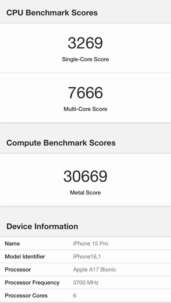 據稱為搭載蘋果A17晶片的iPhone 15 Pro 跑分測試成績流出。(圖翻攝Notebookcheck)