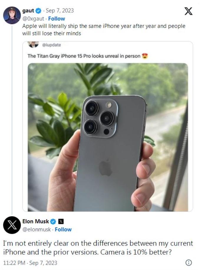 馬斯克偷臭iPhone沒變化。（圖／翻攝X）
