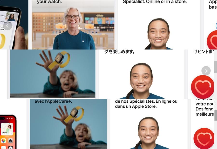 該張綁辮子客服人員照片,在蘋果官網如台灣、日本、美國與法國等其他國家地區,也都是使用同一張照片。(圖翻攝蘋果美國/日本/法國官網)
