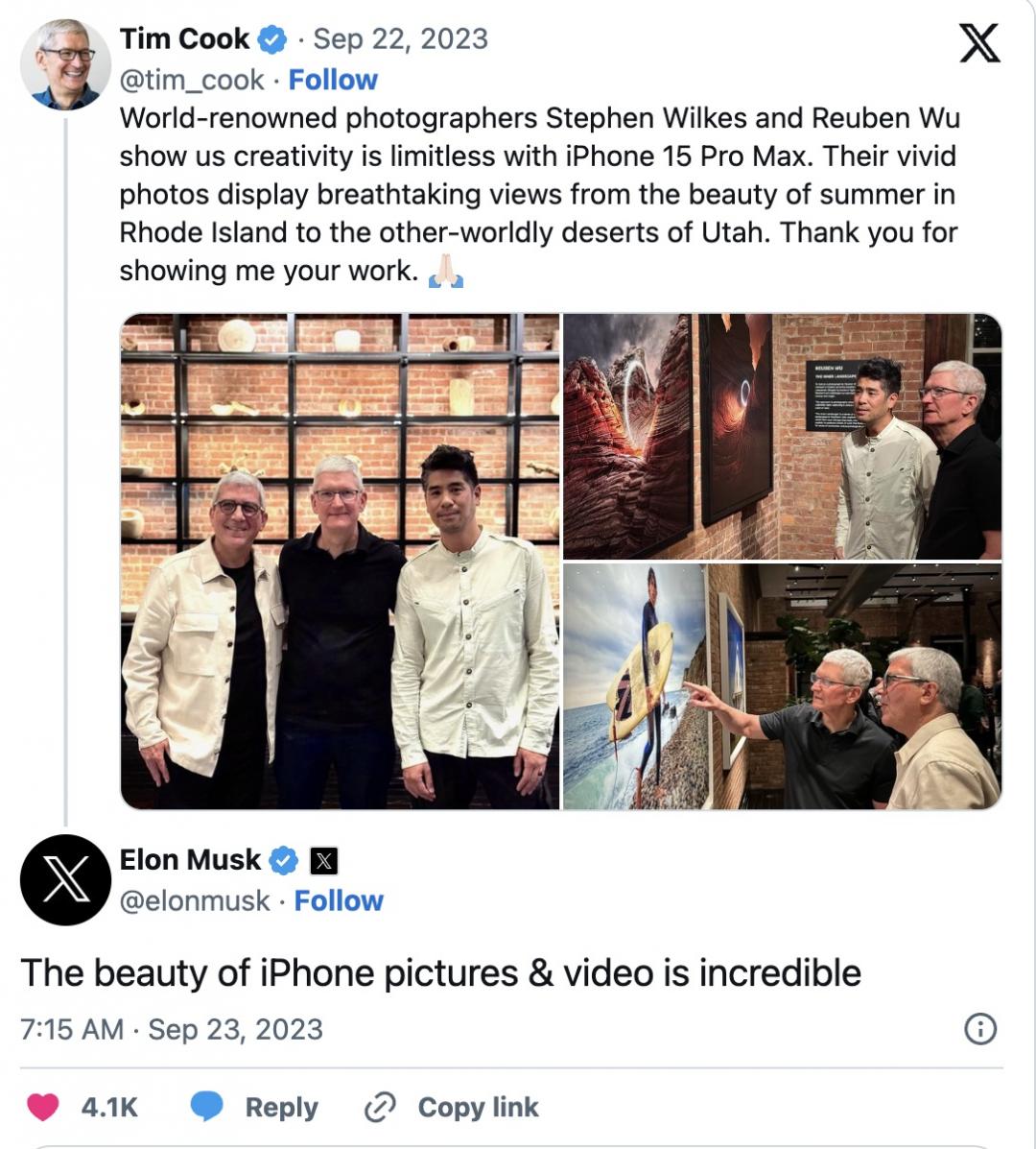 馬斯克在庫克貼文下方留言讚美iPhone。(圖/翻攝X)