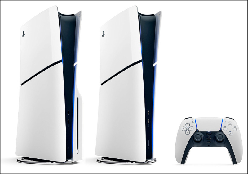 全新型號的PS5比舊版本更輕，機身也多了一條黑色切口。圖左為光碟版，右為數位版。（翻攝Sony官網）