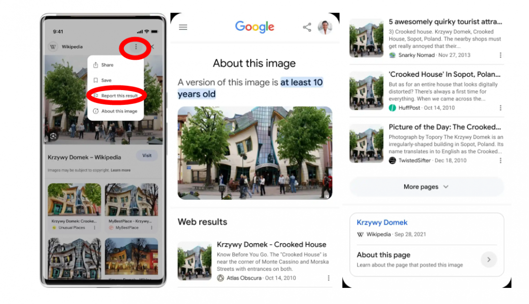 AI版Google 搜尋圖片,將於該張照片的右上角顯示「...」的新功能按鈕,點選「...」即可進一步查看「關於該照片」的相關資訊(圖翻攝9to5Google)