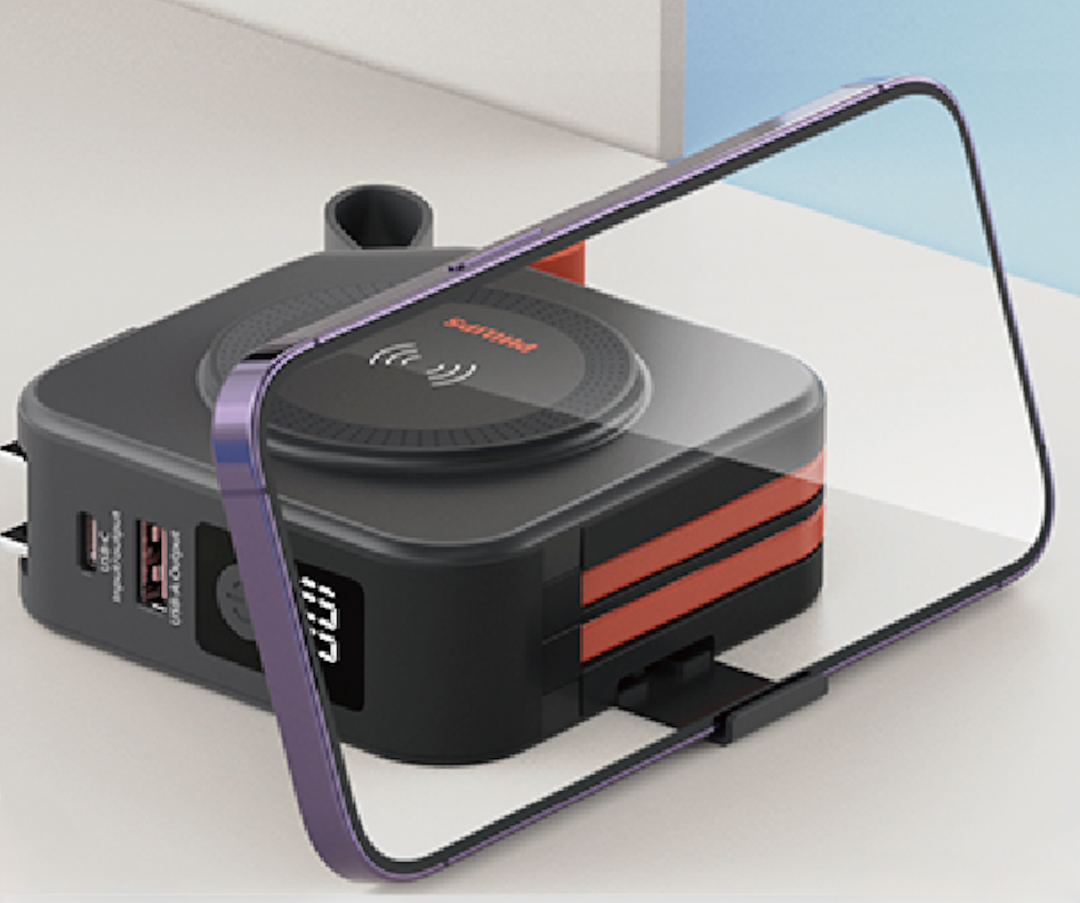 PHILIPS FunCube 十合一行動電源,機身側邊內建有隱藏式支架,拉出即可擺放手機追劇。(圖/雙全國際提供)