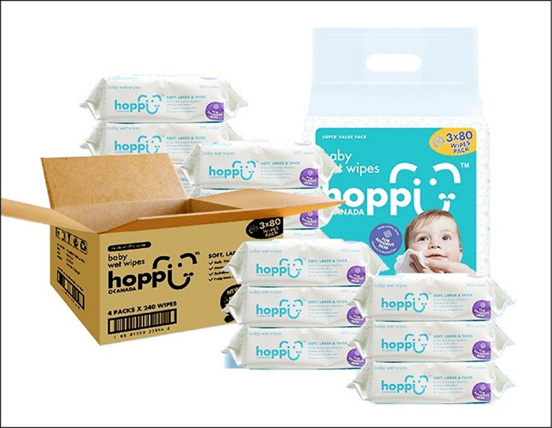 Hoppi嬰兒純水濕紙巾加蓋款一次購入4袋共48包，優惠價419元。
