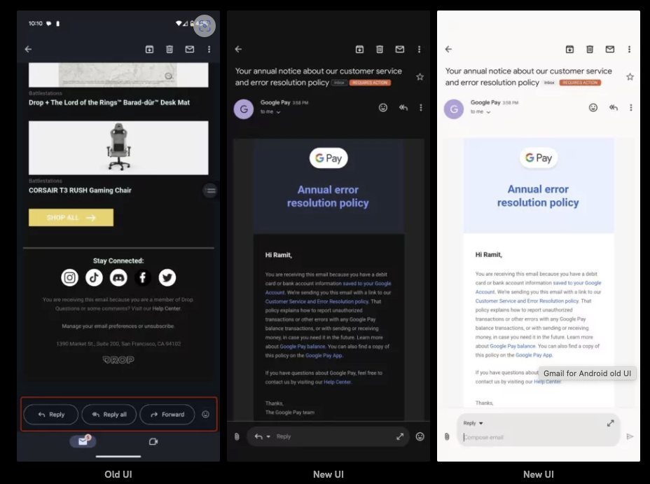左為現在的介面，中間是測試的新介面，只要開始在回覆框打字，則會變成右側的介面。（圖／翻攝AndroidAuthority）