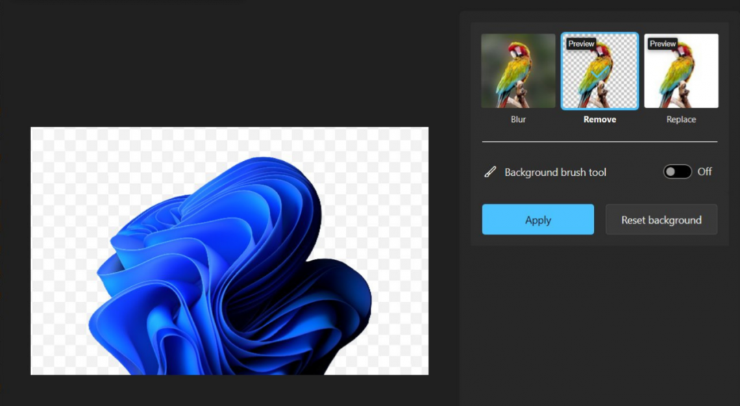 右側區域提供三種照片背景處理的工具按鈕，包括有：背景模糊、移除背景與自訂替換背景。（圖翻攝 MSPoweruser）