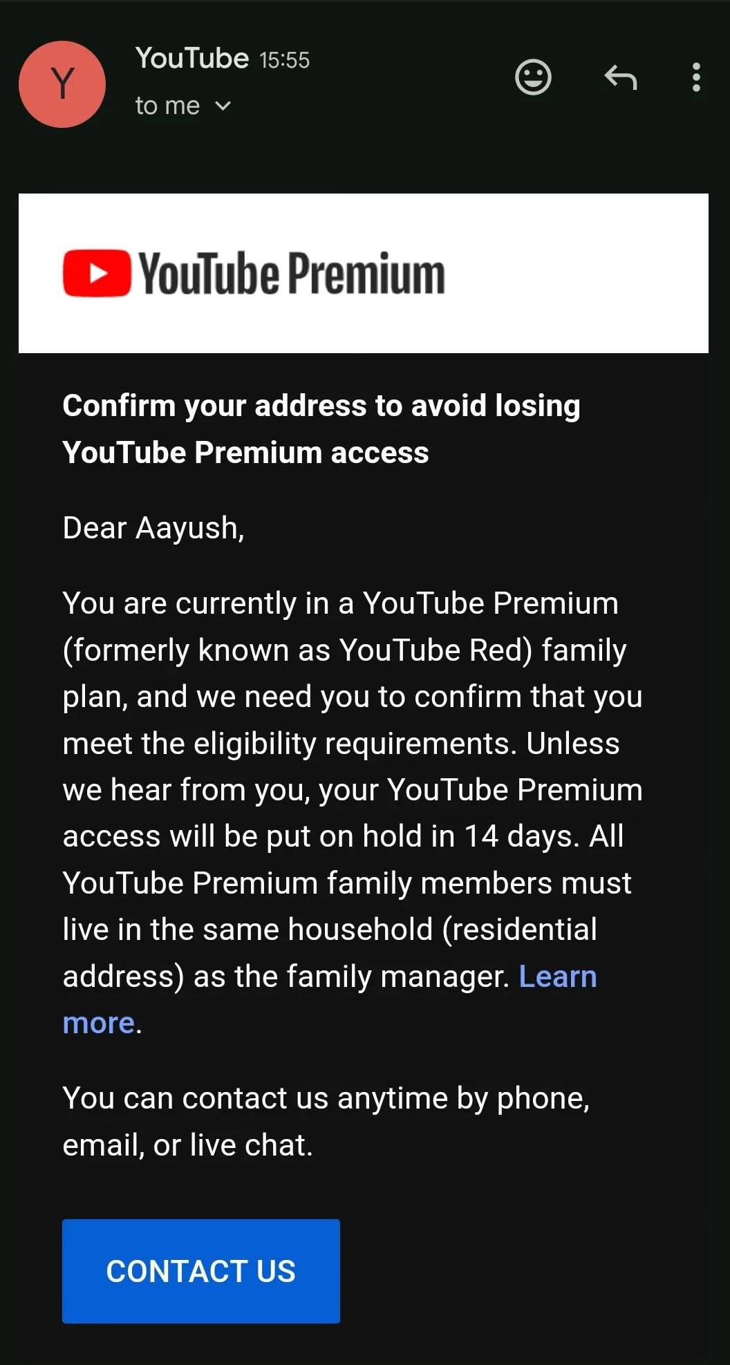 有用戶收到YouTube警告信,所有家庭方案成員須跟管理者同住。(圖/翻攝Reddit)