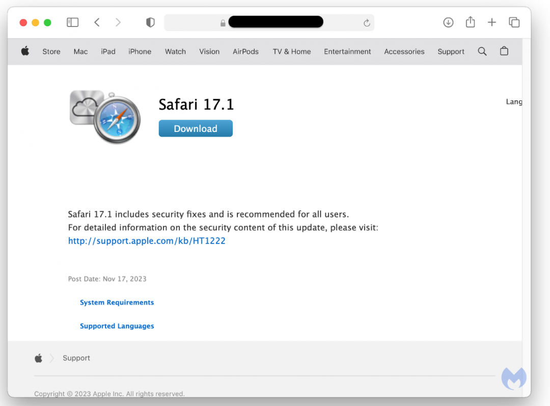 假冒Safari瀏覽器更新畫面。(圖翻攝 MalwareBytes)