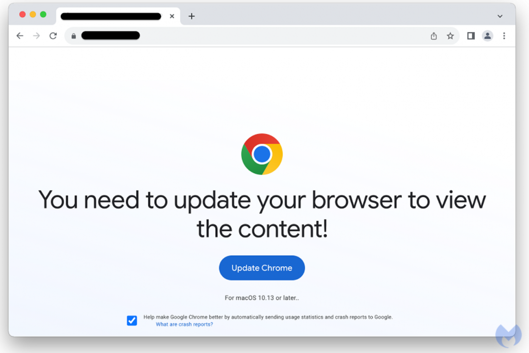 假冒Chrome瀏覽器更新畫面。(圖翻攝 MalwareBytes)