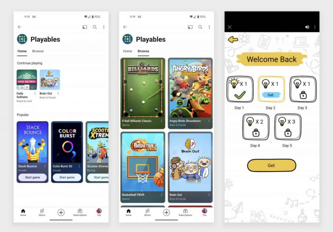 YouTube 向付費訂閱用戶推送「Playables」遊戲新功能,不需另外下載,即可在YouTube 應用程式內進行遊玩。(圖翻攝Droid-life)
