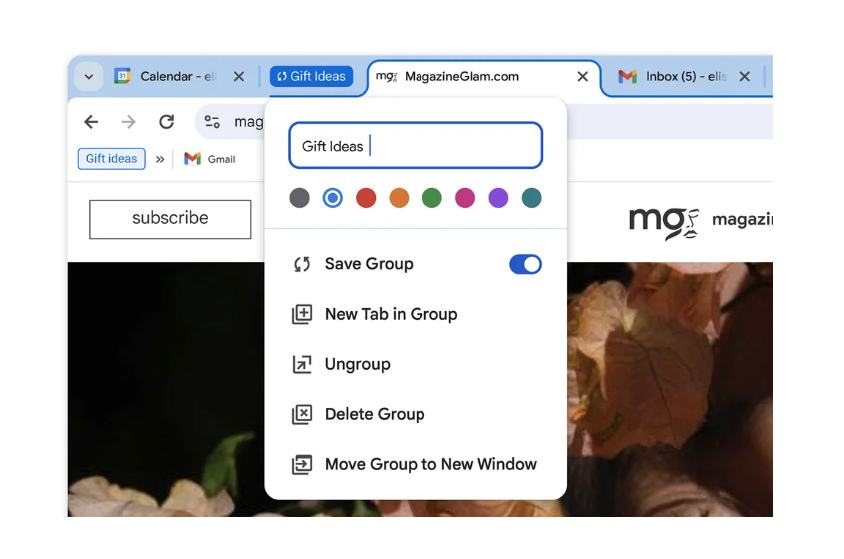 Chrome 120最新版本,加入「分頁群組」的同步儲存功能按鈕。(圖翻攝Google官方部落格)
