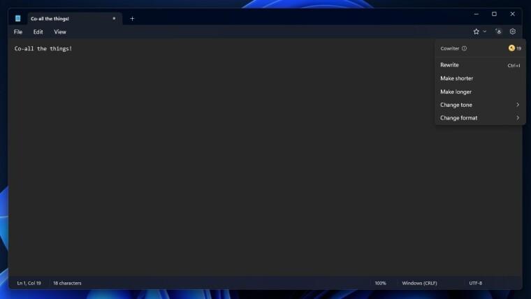 微軟 Windows 11 正進行新版記事本加入AI協助寫作功能的測試計畫,全新介面截圖遭流出。(圖翻攝@PhantomOcean3 X社群平台)