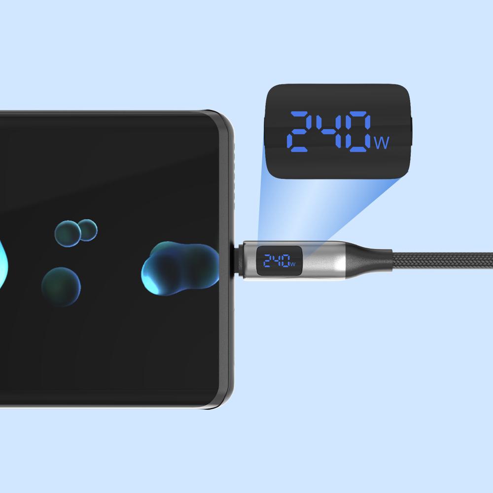 具備LCD 顯示的PHILIPS USB C to C 編織快充線材,可即時顯示充電功率,最高可達到 240W極速快充。(圖/雙全國際)