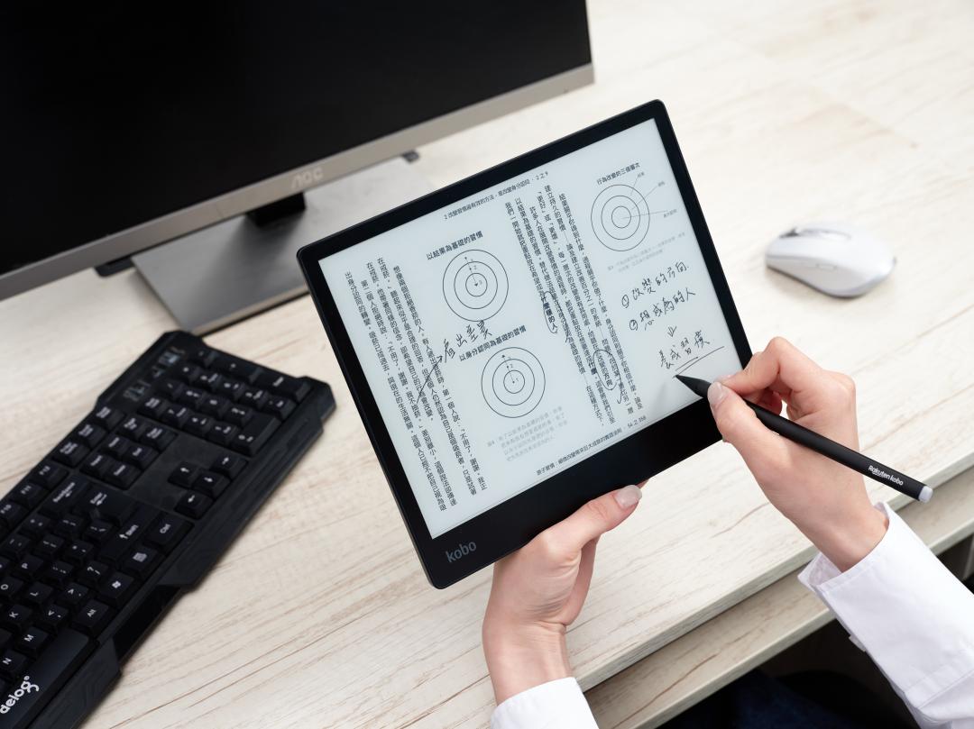 支援手寫筆功能的電子書閱讀器，可方便註記重點。圖為樂天Kobo系列。