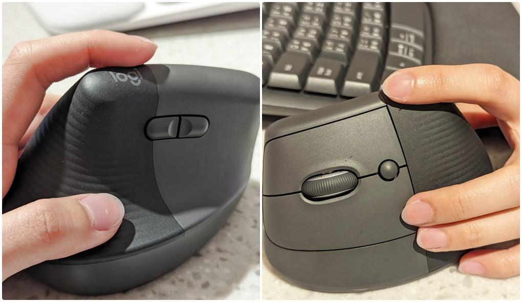 羅技LIFT 人體工學垂直滑鼠左手版，採用57度傾角設計，機身設置有靜四個按鍵，並支援自定義的快捷操控功能。（圖／記者劉惠琴攝）