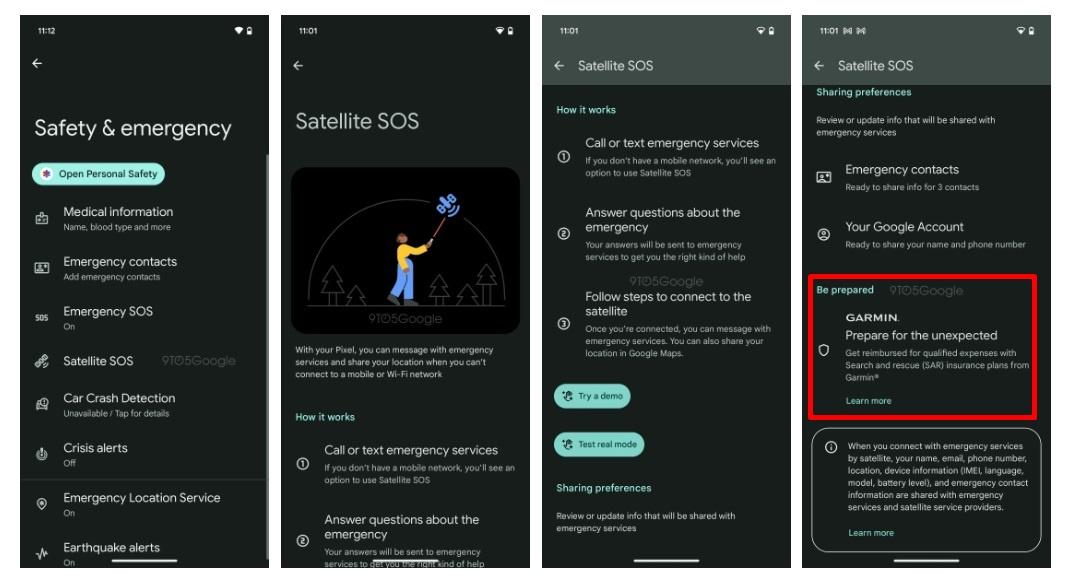 傳Google Pixel系列手機將加入支援衛星通訊緊急求救功能，該功能截圖介面遭外媒搶先流出。（圖／翻攝9to5Google）